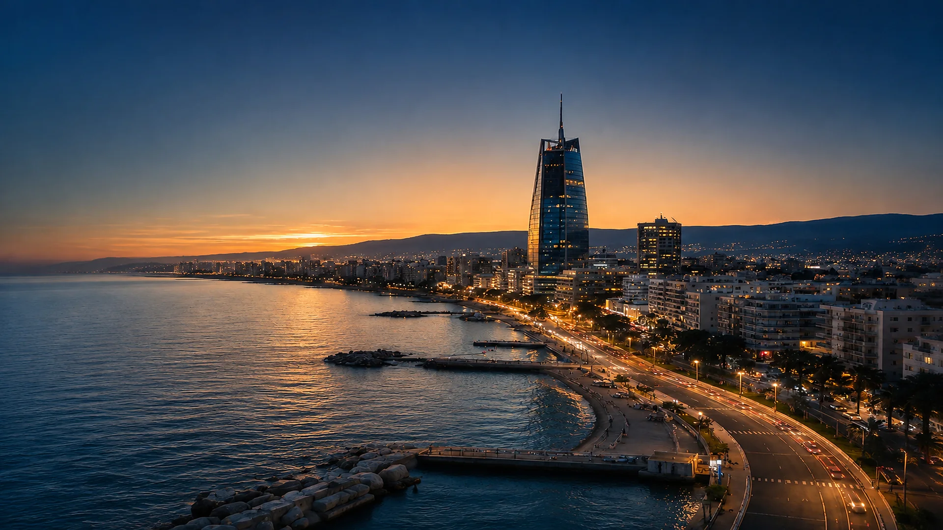 Limassol seafront and skyline at dusk, Cyprus